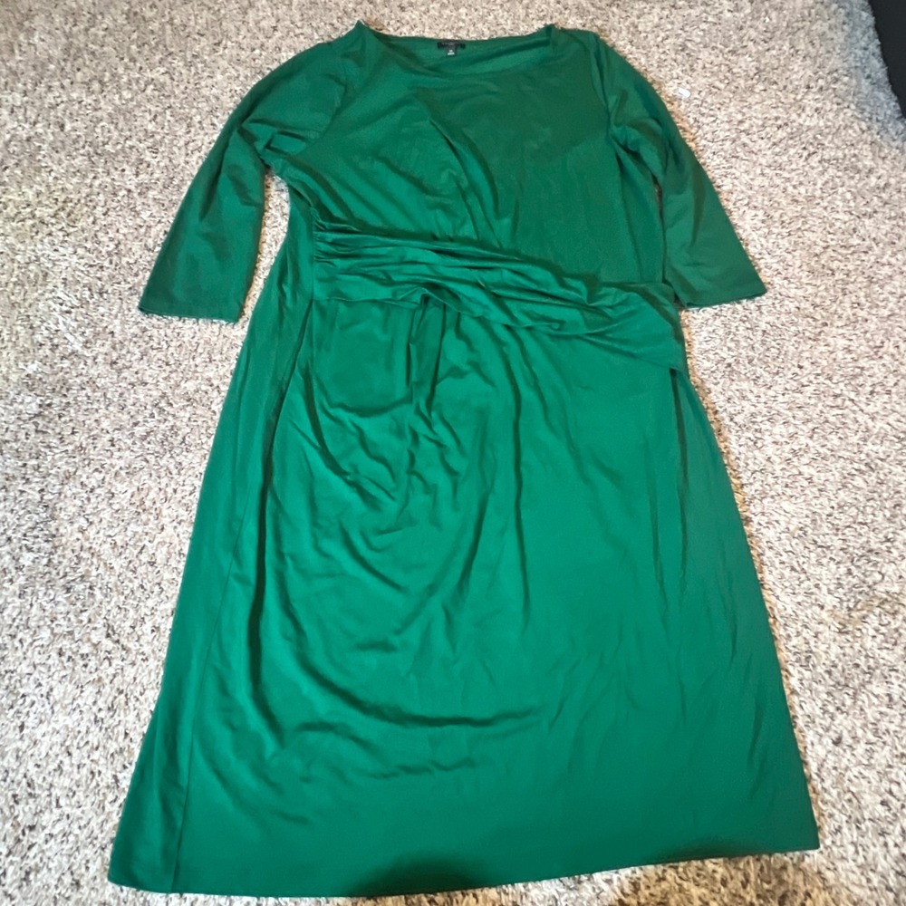 Talbots Woman Emerald Green 3/4 Sleeve Faux‎ Wrap Ruching Sheath Dress 1X Plus